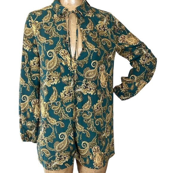 NWT Fab'rik Green Gold Paisley Zip Back V-Neck Long Sleeve Romper Sz S #311F - Picture 2 of 9